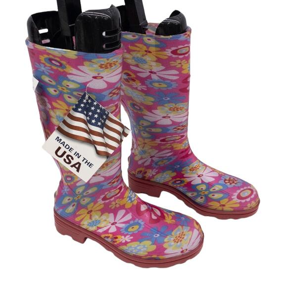 Ranger by Servus Pink Floral Splash Boho Retro Rain Boots Big Girl 4 - Picture 1 of 12